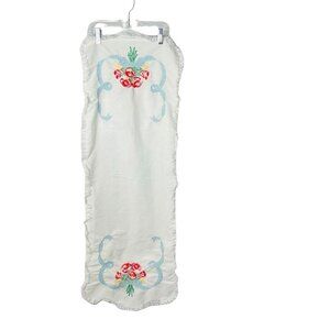 White Needlepoint Table Runner Handmade Lace Border Rose Bouquet Vintage U